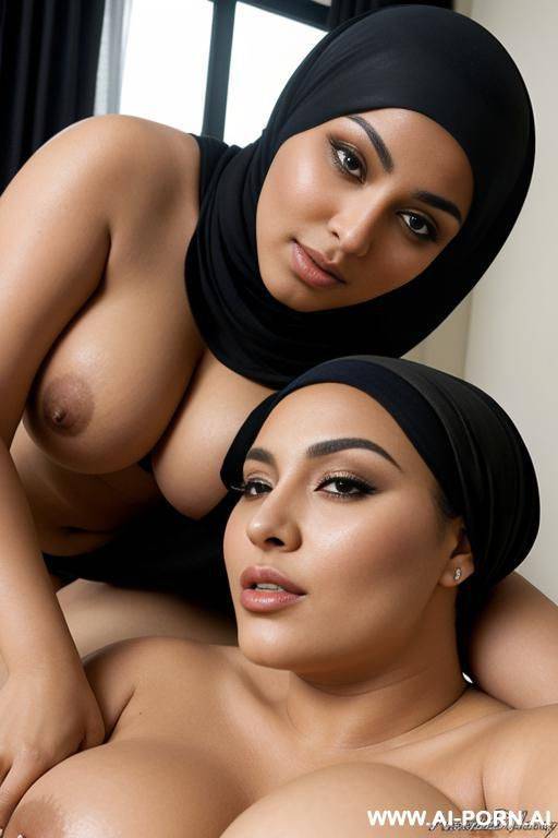 a beautiful chubby arab woman wearing hijab naked big boobs as she is laying on top of her womanfriend in a tribbing position - #main