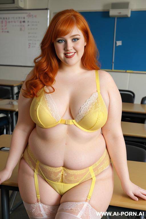 half body photo shot, about at classroom, fat bbw curvy (obese) with love handless and tummy, wearing a sexy and hot yellow lace stocking lingeries. - #main