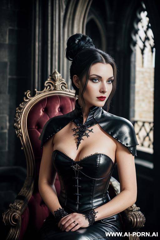 stylish sexy woman, (frontal view), perfect strong body, beautiful sexy face, full makeup, alluring smile, eye contact, hypnotizing red eyes, looks on viewer, beautiful lush long hair, royal ruby - #main