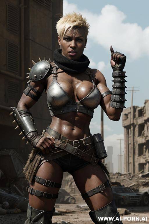 soldier on a ruined city battlefield. muscular body with toned abs. shorty, spiky punk hair. sweat and grime on body. armoured shoulder pads. armoured legs. fallout raider. mad max. very dark black woman. - #main