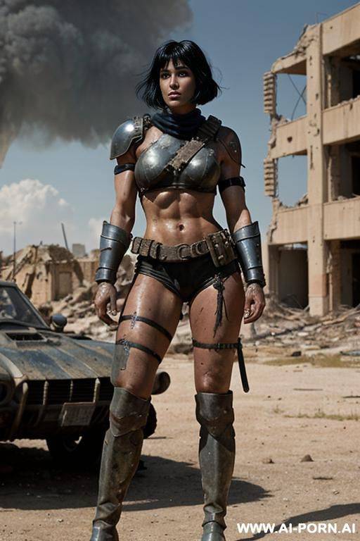 soldier on a ruined city battlefield. muscular body with toned abs.. sweat and grime on body. armoured shoulder pads. armoured legs. fallout raider. mad max. beautiful face. - #main