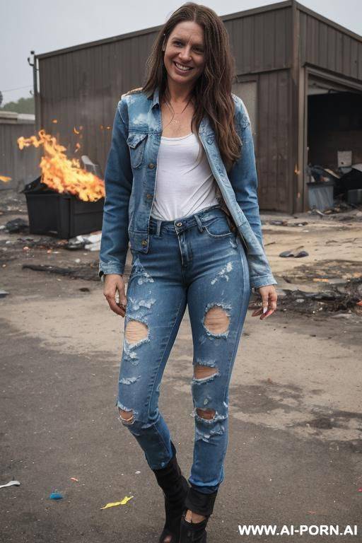 a woman is wearing worn and bleached out, ripped pants and an old jeans jacket. she has long, messy brown hair. there ist lot of trash around. - #main