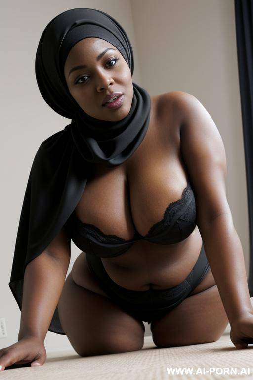 curvy black bimbo, large massive oversized breasts, black headscarf that covers her body, happy horny seductive expression, sleepy eyes, on the floor, bending over - #main