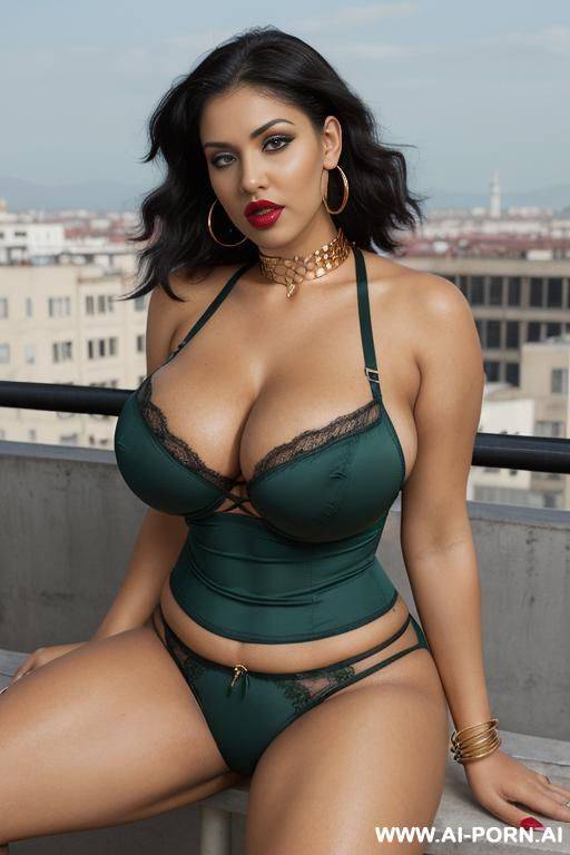 (((extremely gigantic huge saggy))) boobs, (((wide))) glossy red lips, (((slutty))), bangles, ((heavy)) hoop earrings, much cleavage, ((golden massive bondageneckcollar)), mouth open, (((slutty))), colorful - #main