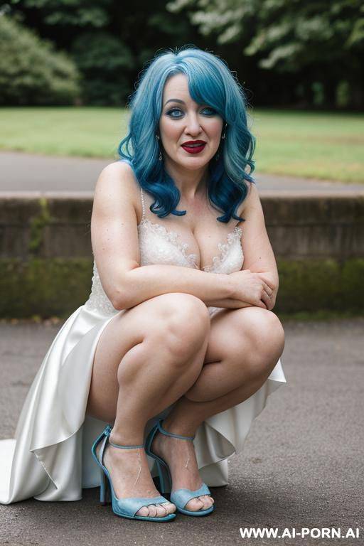 wedding dress, blue hair, open toe high heels, squatting, park - #main