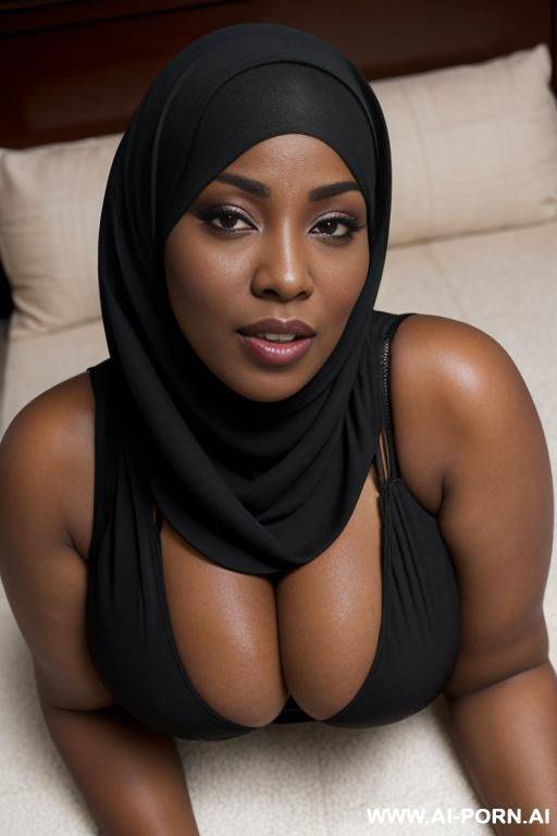 curvy black bimbo, dark skin, large gigantic massive oversized breasts, black hijjab that covers her body, happy horny seductive expression, sleepy eyes, kneeling on the floor, bending over, front view - #main