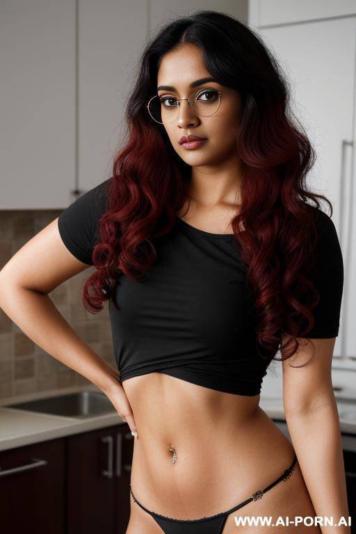 skin, , beautiful, indian woman, round glasses, chubby, navel piercing, t shirt, naked - #main