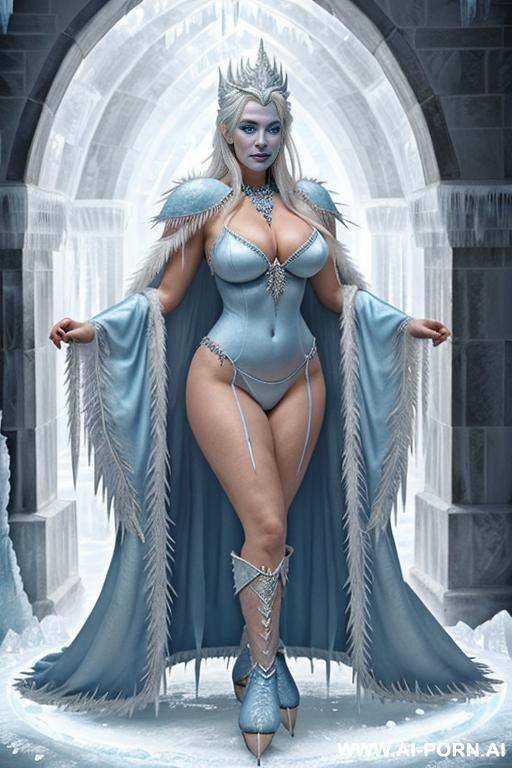 ice queen, (((blue skin whole body))), goddess of winter, white hair, perfect round breasts, oversized cleavege, ((super model)), seductive pose, (((standing in ice palace))), topless, white slip, - #main