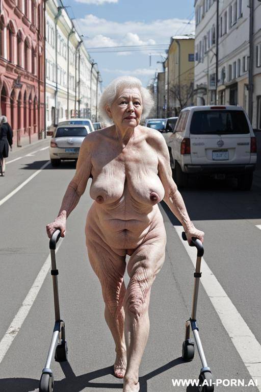 the totally naked elderly russian woman leans on the walker with both hands, walking slowly and cautiously, looking ahead. saggy boobs. full body frontal wiew. - #main