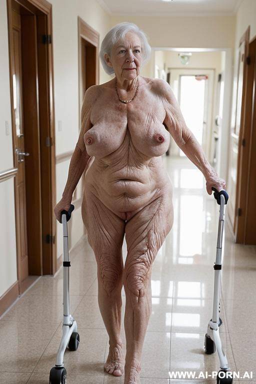 the totally naked elderly woman leans on the walker with both hands, walking slowly and cautiously, looking ahead. saggy boobs. full body frontal wiew. in the nursing home. - #main