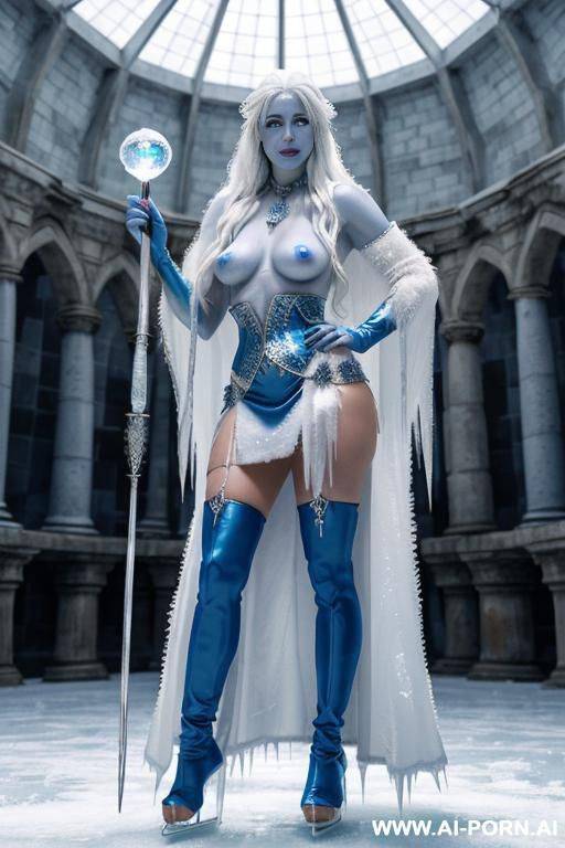 ice queen, (((blue skin))), goddess of winter, white hair, perfect round breasts, oversized cleavege, ((super model)), seductive pose, ((( inside ice palace))), (((topless))), white slip, white fur - #main