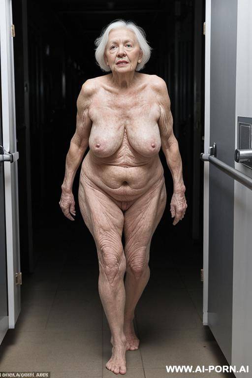 the totally naked elderly woman leans on the walker with both hands, walking slowly and cautiously, looking ahead. saggy boobs. full body frontal wiew. in the morgue. - #main