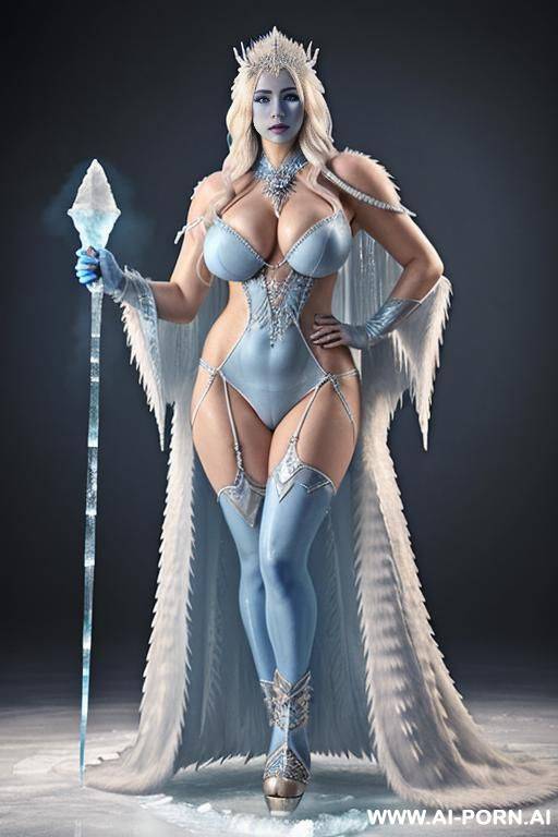 ice queen, (((blue skin))), goddess of winter, white hair, perfect round breasts, oversized cleavege, ((super model)), seductive pose, (((standing in ice palace))), topless, white slip, white fur - #main