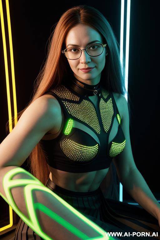 yellow [and black] horizontal stipes, bee lady, bee clothes, bee cosplay, dimples, computer whizz, neon, cyberpunk, (glow art, uv reactive, black light), ashen natural skin without makeup, high - #main