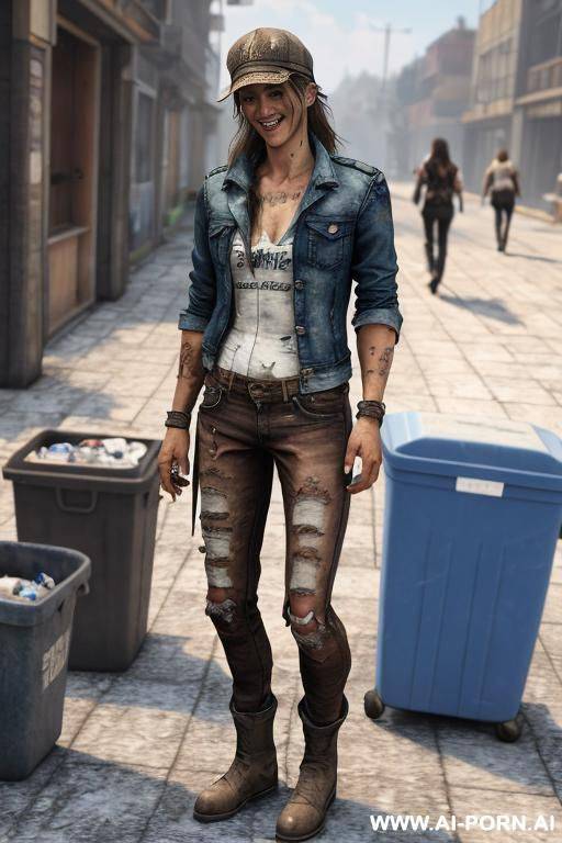 a homeless woman is wearing worn and bleached out, ripped pants and an old jeans jacket. she has long, messy brown hair. there ist lot of trash around. - #main