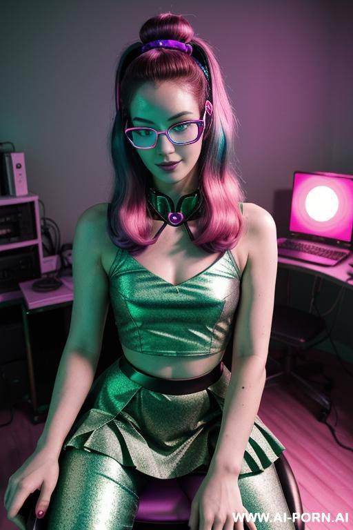[peppermint] lady vampire, dimples, computer whizz, neon, cyberpunk, (glow art, uv reactive, black light), ashen natural skin without makeup, high contrast shades, hard light, sleeveless patterned meshed - #main