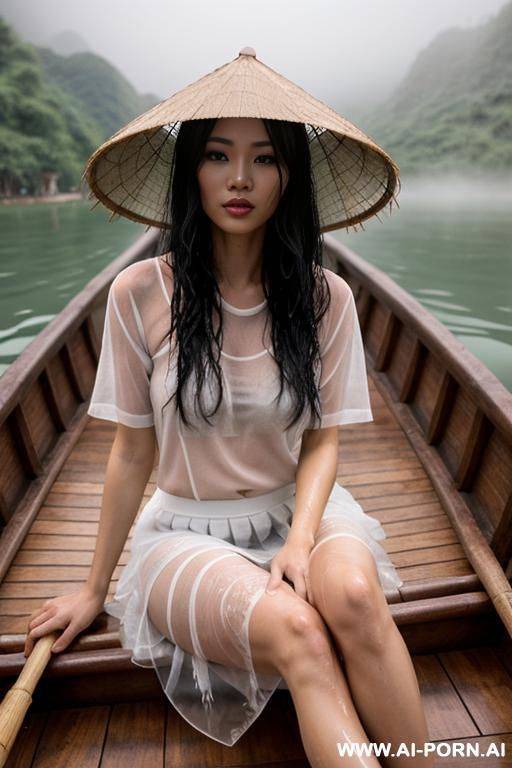 vietnamese girl, seductive look on her face, sitting down, naked, front view, open legs, showing hairy pussy, dripping wet pussy, long black hair, wet messy hair, wearing bamboo hat, on a - #main