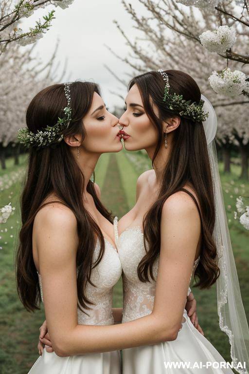 two gorgeous twins kissing each other in a church in a wedding with wedding dresses - #main