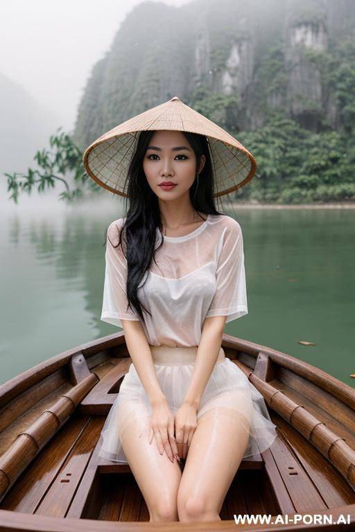 vietnamese woman, fair skin, sitting, showing pussy, long black hair, wet messy hair, wearing bamboo hat, on a wooden boat, foggy rainy weather, at a lake, wearing sheer wet white t-shirt, wearing skirt - #main