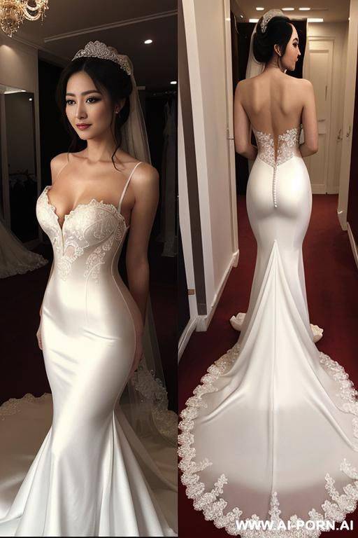 chinese mother wear wedding dress, qshort fitted wedding dress, ((her pussy was showered with a huge amount of cumshot)), white long hair, lay down on chocolate bath, show pussy, - #main