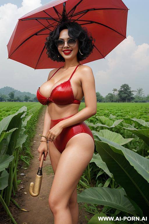 thai woman, curly bob hair to shoulder length, wearing sunglasses, fair skin, red lips, laughing, big breasts, big butt, plump, holding an umbrella, high heels, cassava field, thailand - #main