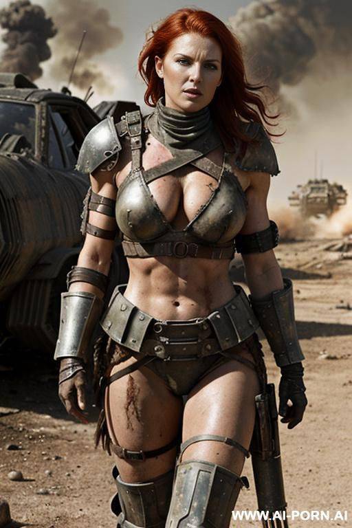soldier on a ruined city battlefield. muscular body with toned abs.. sweat and grime on body. armoured shoulder pads. armoured legs. fallout raider. mad max. beautiful face. - #main