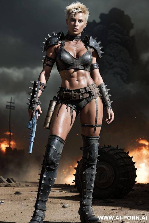 soldier on a ruined city battlefield. muscular body with toned abs. shorty, spiky punk hair. sweat and grime on body. armoured shoulder pads. armoured legs. fallout raider. mad max. very dark black woman with blue eyes. - #main