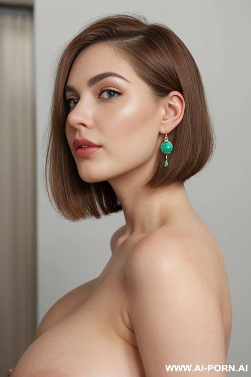 real life, pallid skin, curvy, realistic nipples, milky nipples, (view from side), big nipples, turning her face to look into camera, full face, (round face), (alluring face), (men-style haircut), - #main