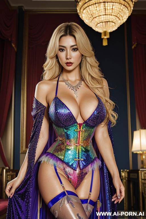 chinese, rainbow feather studed bright sequin transparent corset，feather tutu skirt， mesh robe， rainbow sequin bra ,rainbow sequing-thong，necklace，rainbow large pointed thigh-high boots，royal lingerie, royal robes，diamond triangle print - #main