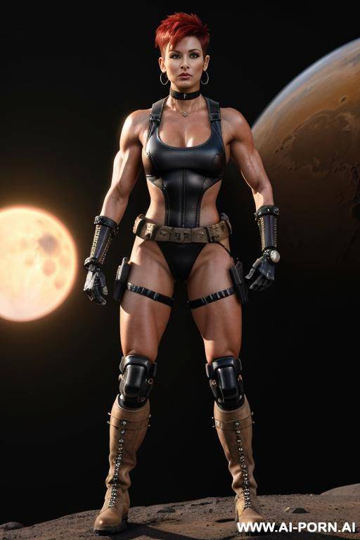 mature woman with toned muscles. tanned. choker, earrings, bracelet, holster, armband, anklet. boots. punk hairstyle. skin. sci-fi robot in background. - #main