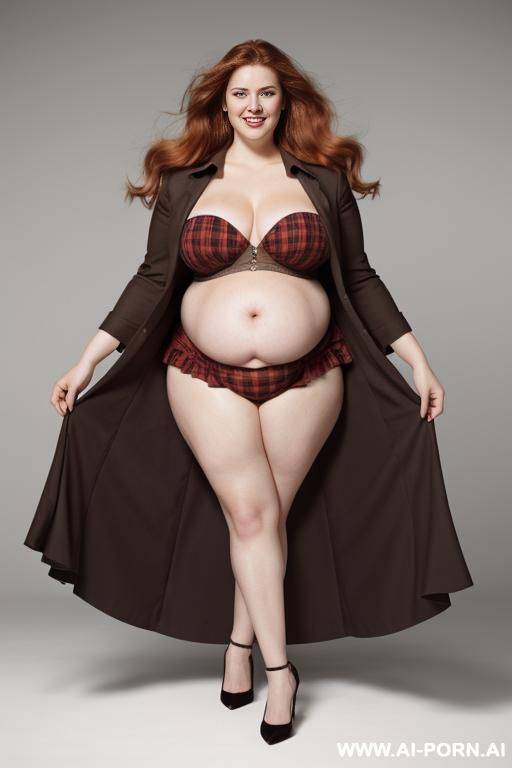 bbw obese pregnant bloated round belly, flash belly naked with plaid brown skirt, huge tits - #main