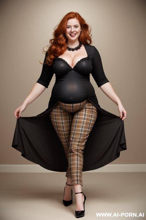 bbw obese pregnant bloated round belly, flash belly with plaid brown pants , huge tits, - #main