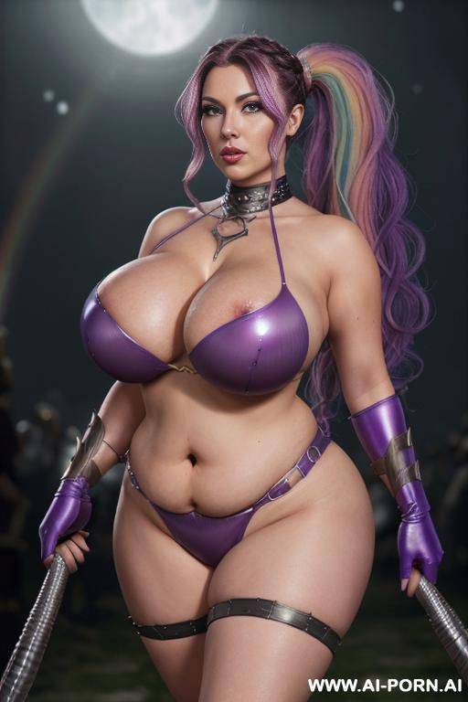 ((bat woman)), woman with breasts unrealistic enhanced augmented boosted inflated, (sexy swedish british german american irish french facial trait), (ponytail fluffy curly long haircut trait), ( rainbow - #main