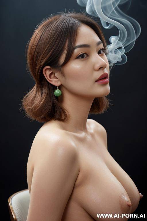 (blue smoke background), real life, pallid skin, curvy, realistic nipple, (view from side), sitting on chair, side of nipple, side of waist, turn her head over shoulder and completely facing the - #main