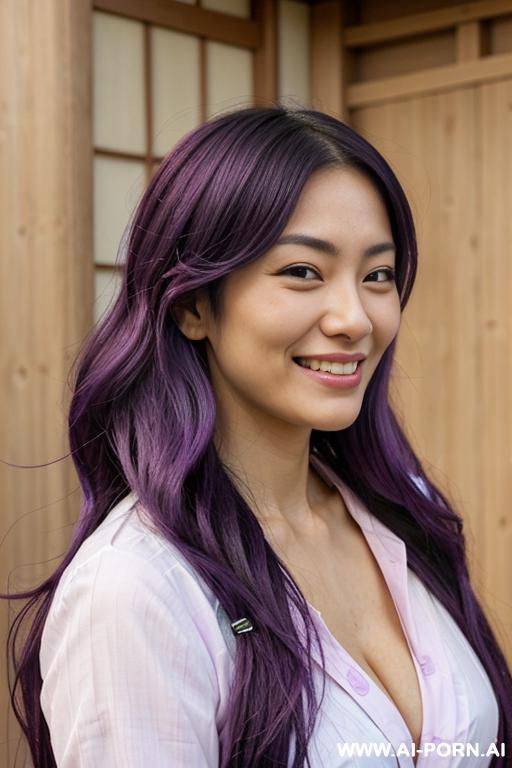 highly expressive. tanned, japanese genie. long, wavy, gradient-purple hair. close-up in decent clothes. she is naturally interactive. real-life sei-ra sodes-hiro! she pulls me closer to her. in japan. - #main