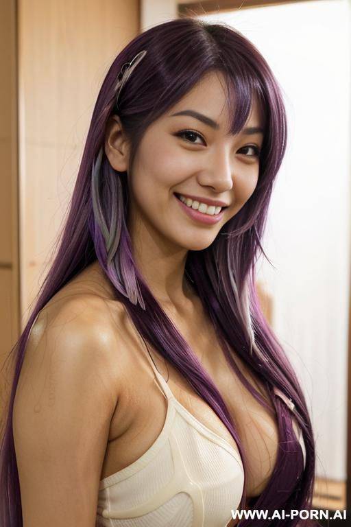 highly expressive. tanned, japanese nerd. long, loose, gradient-purple hair. she is naturally interactive. real-life sei-ra sodes-hiro! she pulls me closer to her. in japan. - #main