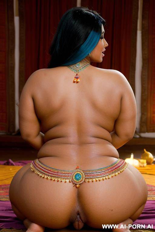 ancient indian full naked chubby female servant with shaved vagina is showing her back in a colourful indian harem - #main