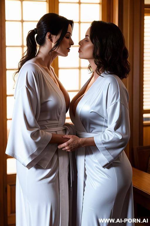 two middle aged naked women in robes kissing - #main
