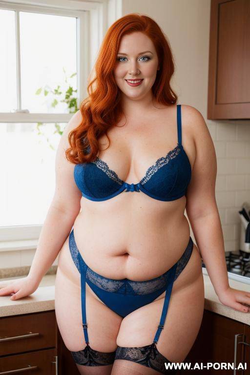 half-length photo, as a setting in the kitchen area, a fat chubby (very obese with hips) fat thick and bbw redhead british, she is cooking the dinner. she has lovehandless and a soft medium - #main