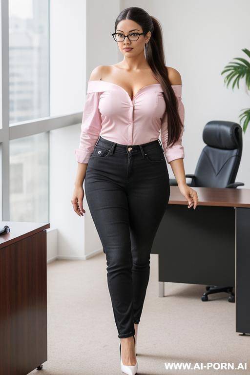 ultra long hair, ponytail, curvy brunette, mature woman, boss office, nerd glasses, big legs, black platform heels, pink shirt, jeans, open shirt, off shoulder shirt, white bra, slip waist, perfect body, front view walking in office - #main
