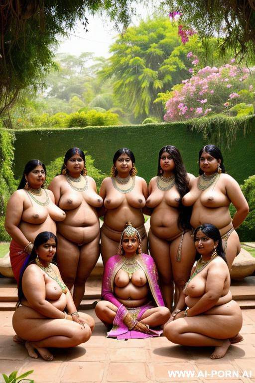 ancient indian chubby queen is surrounded by her full naked chubby female servants with shaved vaginas in a colourful indian garden - #main