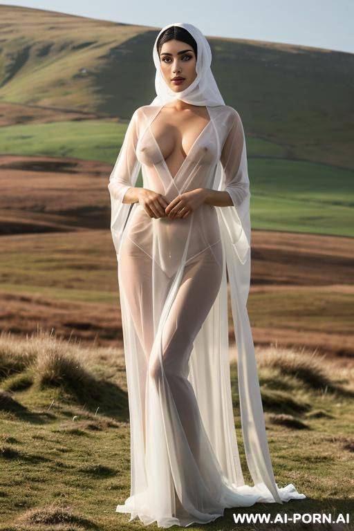 photorealistic shot of slender middle eastern woman with 3c breasts wearing a see through transparent white veil covering her mouth and neck, and wearing a short silk, see through robe completely - #main