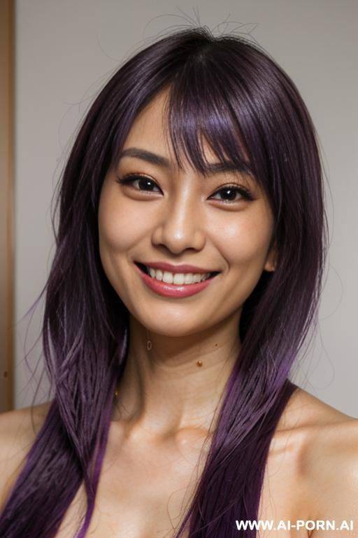 highly expressive. tanned, japanese nerd. long, loose, purple hair. glossy lips, she is naturally interactive. real-life sei-ra sodes-hiro. she looks at me. - #main