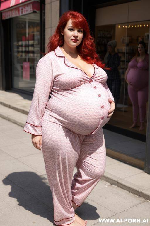 ((super fat bbw obese big bloated huge pregnant belly)), in plaid pink pajamas, thick thighs, big belly, button show, flash belly, - #main