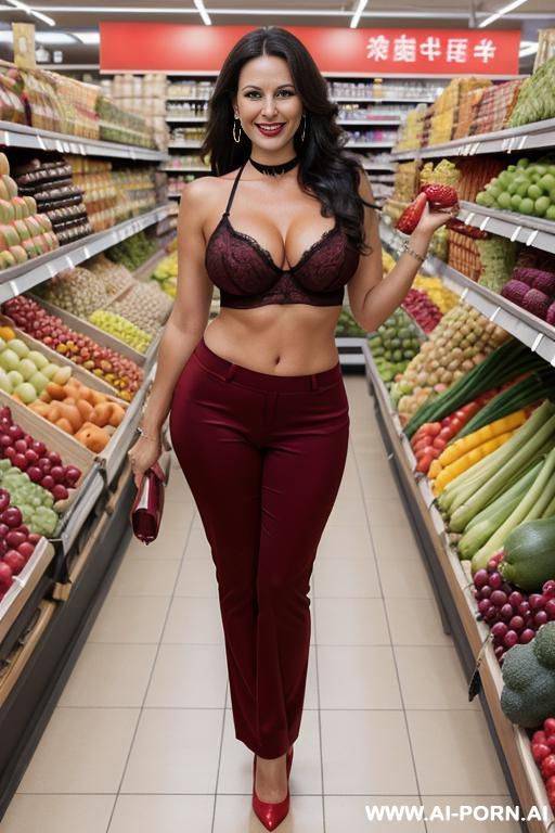 horny housewife, skin, long dark voluminous hair, perfect figure, earrings, choker, red business pants - #main