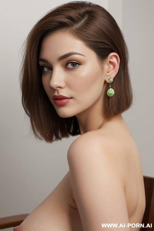 real life, pallid skin, curvy, realistic nipple, (view from side), sitting on chair, side of nipple, side of waist, turn her head over shoulder and completely facing the camera, look above her - #main