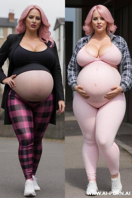 ((two woman super fat bbw obese big bloated huge pregnant belly)), footballers, thick thighs, big belly, flash belly, with plaid skirt, ((zoom out)), soft pink legging, beauty woman, plaid jogger pants - #main