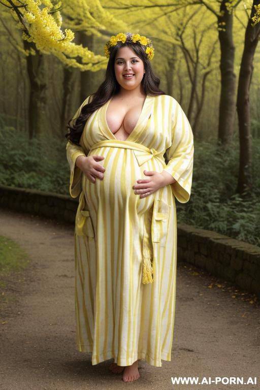 ((two woman super fat bbw obese big bloated huge pregnant belly)) ya with dark brown hair, big expressive eyes, full body, standing, smiling and showing her teeth, happy, plaid yellow dress - #main