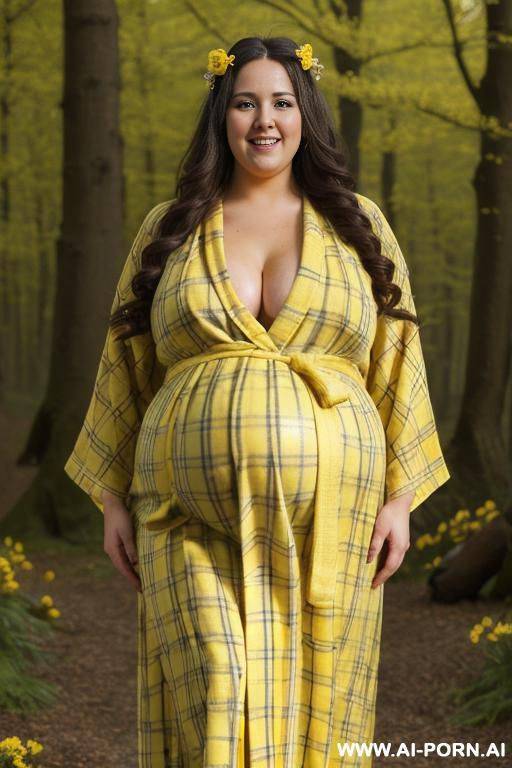((two woman super fat bbw obese big bloated huge pregnant belly)) ya with dark brown hair, big expressive eyes, full body, standing, smiling and showing her teeth, happy, plaid yellow dress, flash belly - #main