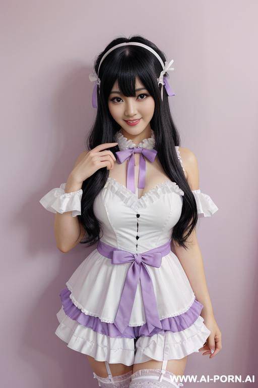 kawaii, idol, black hair, bangs, white lace ribbon hair tie, proud face, frilly pastel purple idol costume, studio - #main
